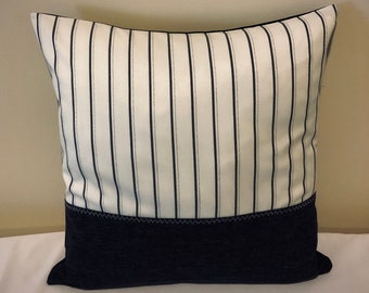 Navy Blue and White Striped with Decorative Stitch Accent Pillow Cover