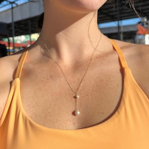 Pearl Lariat Necklace, 14k Gold Filled Chain- Waterproof Ocean Durable Active Jewelry Made in Hawaii- Freshwater White Pearls