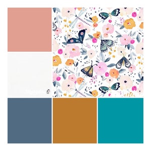 May include: A color palette featuring six colors: a light pink, white, a dark blue, a mustard yellow, and a teal blue. The colors are displayed in a grid format.