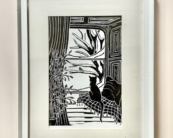Matilda in Snow Linocut Print – Cat Art, Vintage Style