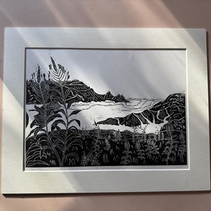 3 Cliffs, Handmade, linocut Art, Lino, block print, black and white, Sea/Beach, Landscape, Wales/Original/40x50, cottagecore, countryside