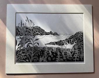 Three Cliffs Bay Linocut Print, Handmade Black and White Landscape Art (40x50cm) Beach seascape