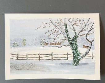 Original Gouache Snow Landscape Painting A5, Cottagecore Winter Art