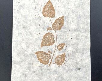 Gold Ink Leaf Linocut Print, Handmade Paper, Limited Edition A4