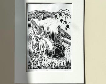 Wild hiking, love of walking Linocut Print – Handmade Nature Art, Cottagecore Decor