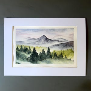 Acuarela de bosque brumoso "Aliento n.° 1": arte original de paisaje montañoso para la decoración del hogar y la habitación de los niños