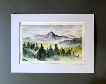 Misty Forest Watercolour Painting “Breath No.1” – Original Mountain Landscape Art for Home & Nursery Decor