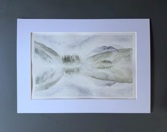 Large Misty Forest Watercolor Painting, Mountain Landscape Art