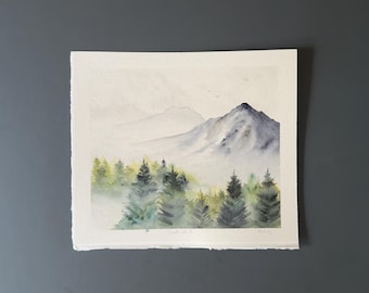 Original Misty Mountain Watercolor Painting, Forest Landscape Wall Art (30x30cm)