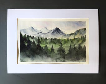Original Watercolor Painting, Misty Forest Landscape Art, Large Wall Decor