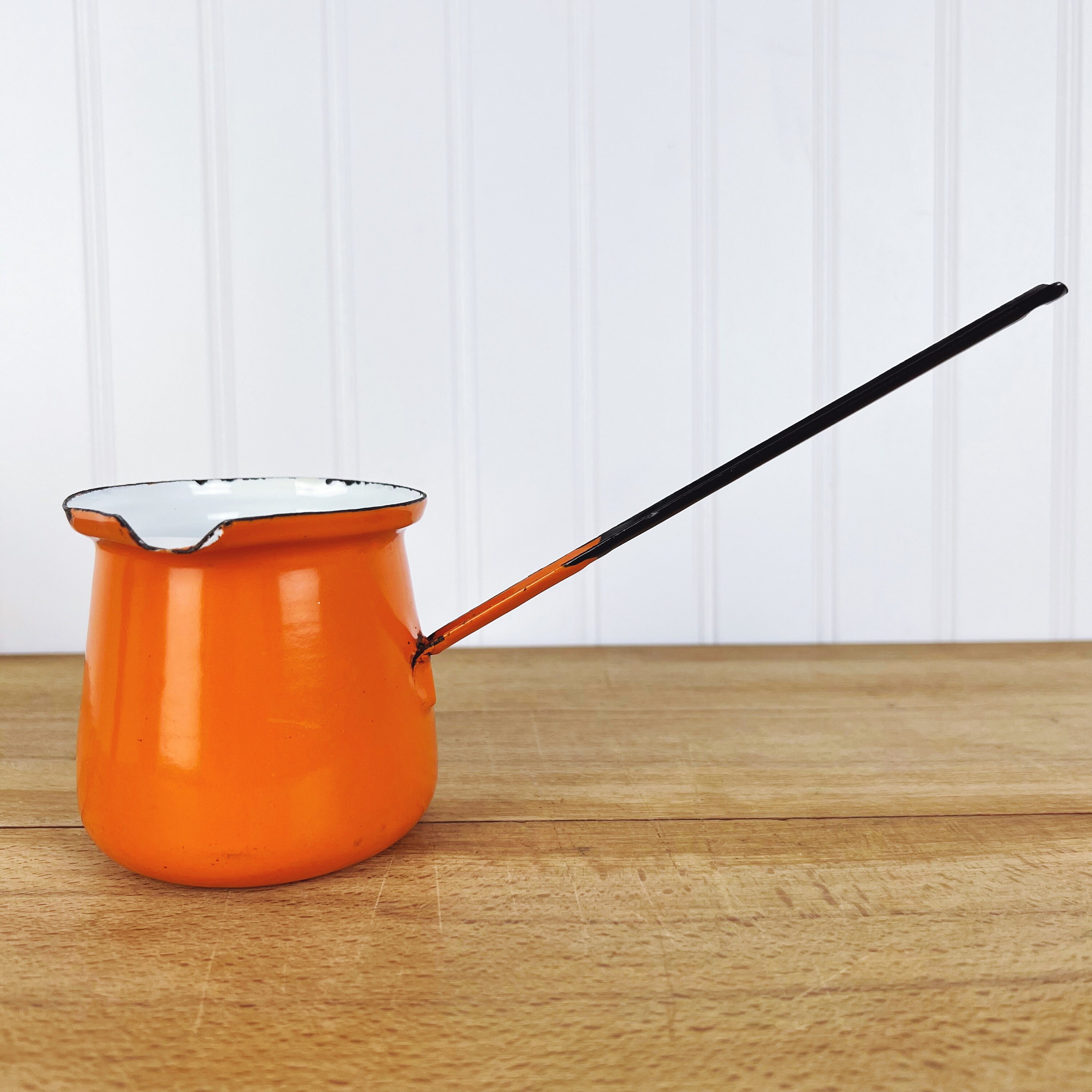 Rustic, Enamel, Bright Orange and White, Long Handled Butter Melter,  Kitchen Decor, Wall Hanging, Rustic Kitchen Tool 