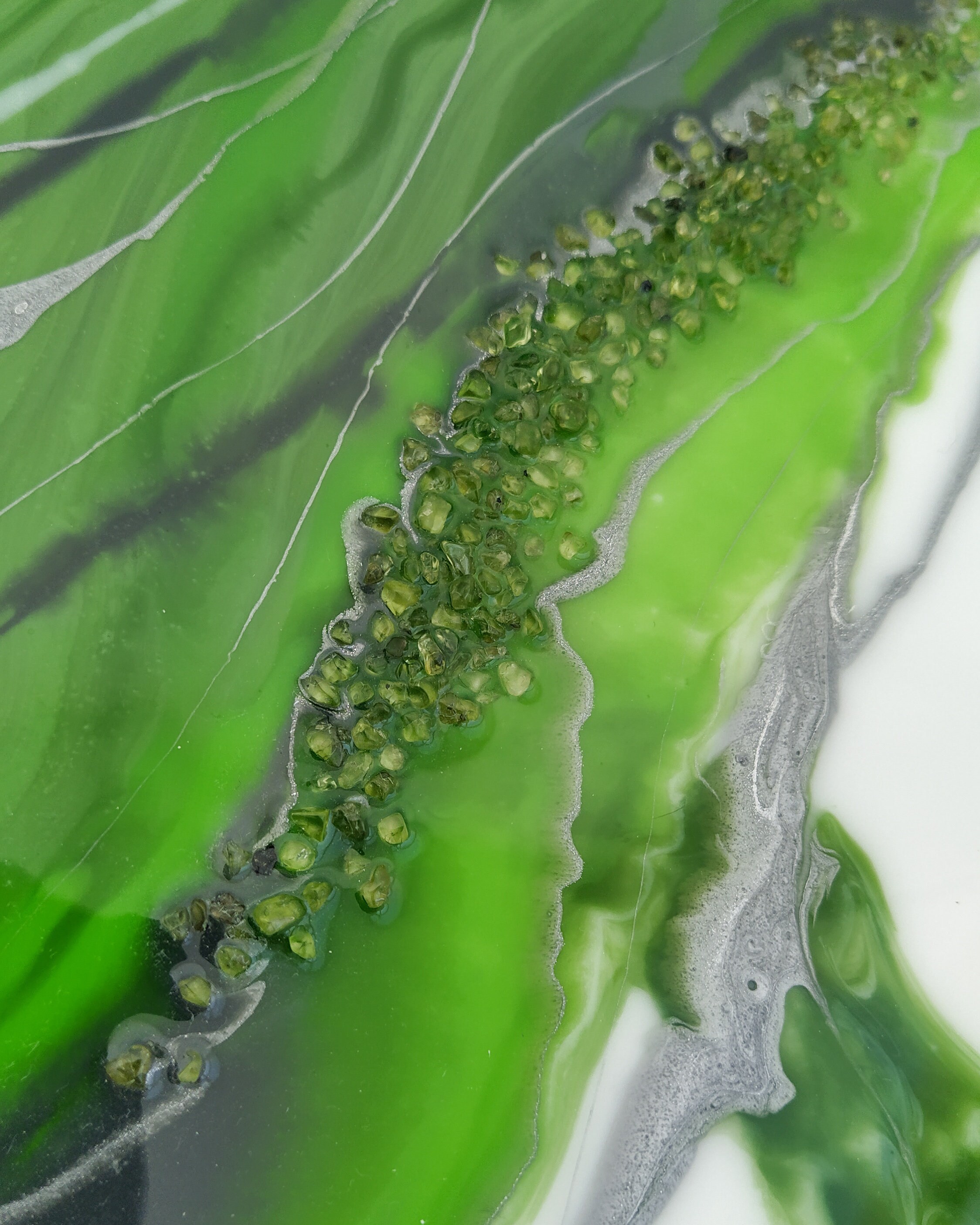 Resin art on canvas. Abstract painting. Green and silver. Etsy