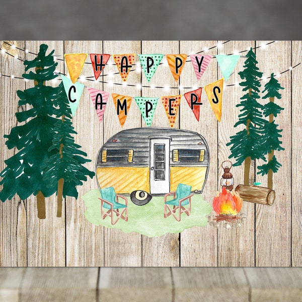 Glass Cutting Board Sublimatie Design Happy Campers blank voor personalisatie zoals getoond voor Conde Coastal of een sublimatie Glass Board PNG