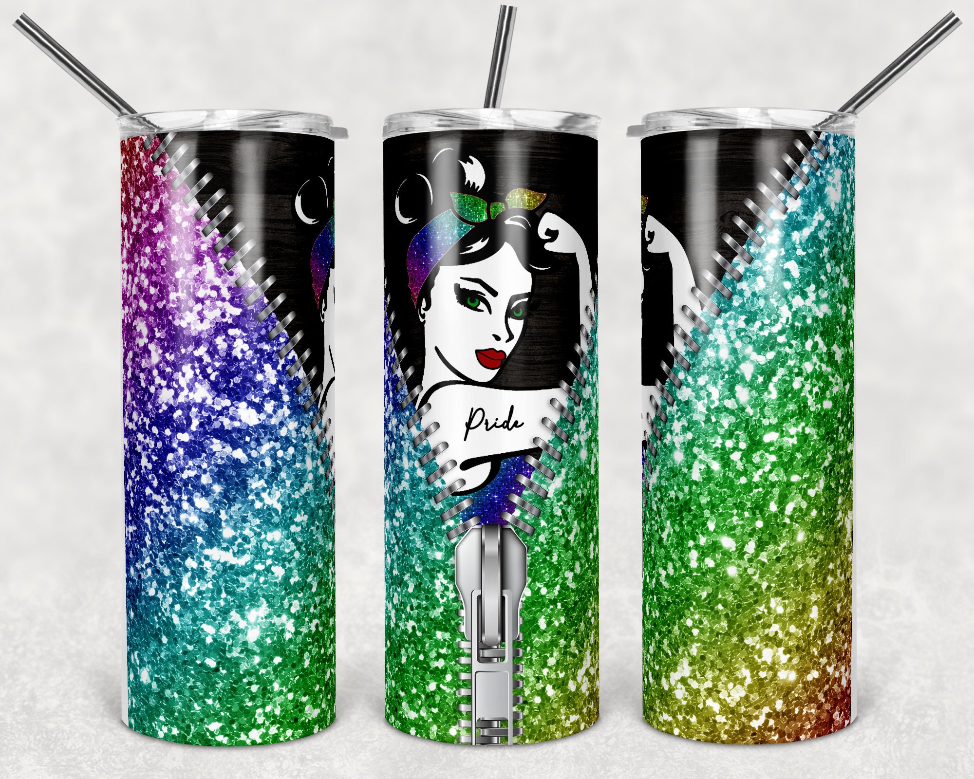 20 oz Skinny Tumbler Glitter Rainbow Zipper Rosie Riveter Etsy
