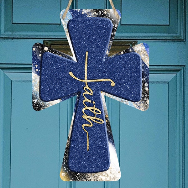 Cross Door Hanger Sublimation Design Glitter blue and Gold Faith Cross Sublimation Blanks from Out of the World Digital PNG Faith