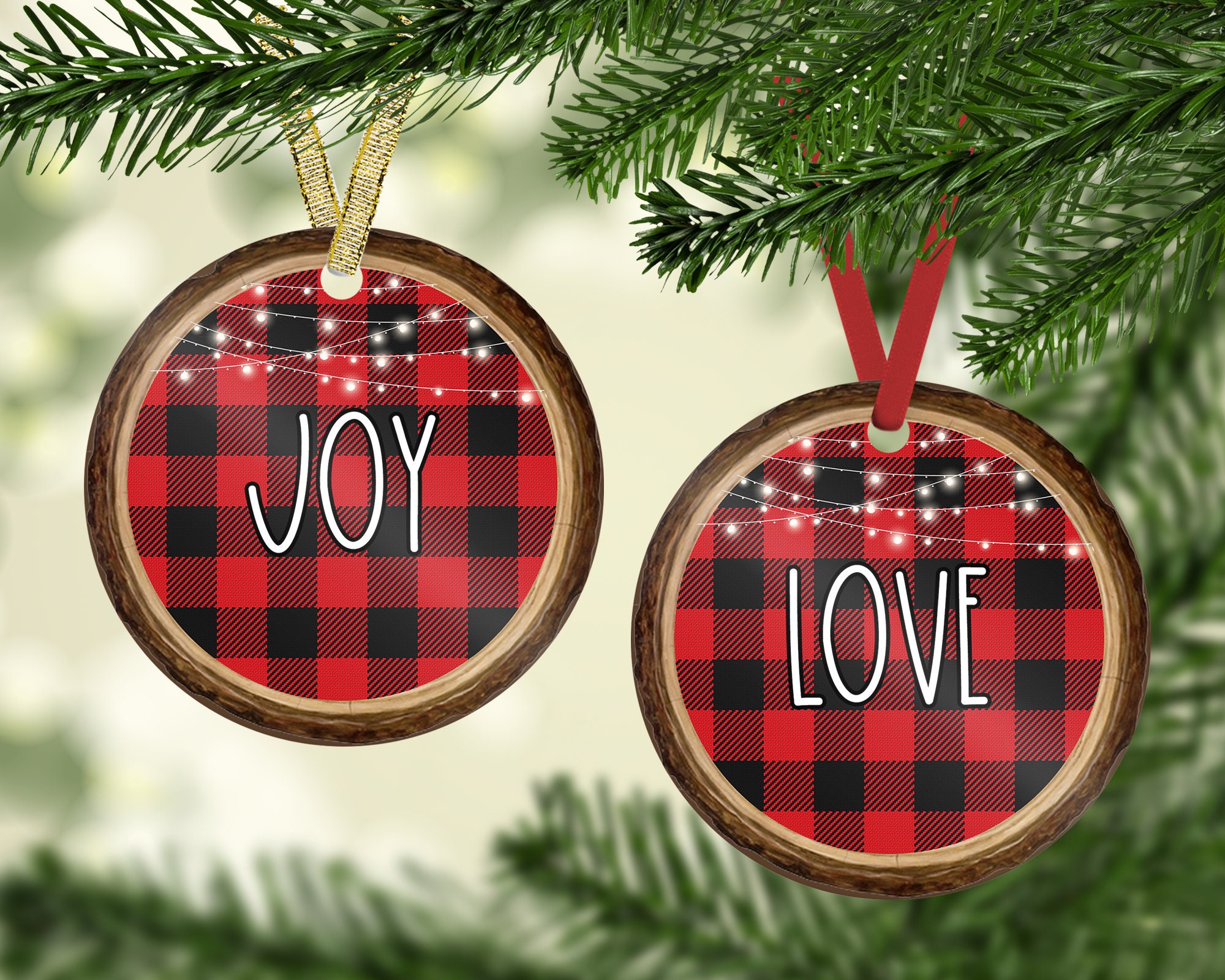Round Ornaments Christmas Black Red Buffalo Plaid Dunn Etsy