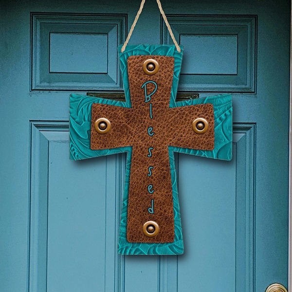 Cross Door Hanger Sublimation Design Embossed Leather Teal and Brown Blank for Sublimation Blanks from Out of the World Digital PNG Blessed