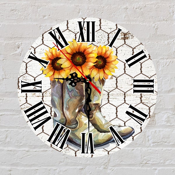 Round Clock Sublimation Design Cowboy Boots and Sunflowers for Hardboard Clock Blanks from  Out of the World Digital Download PNG