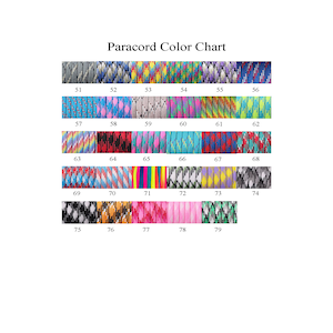 May include: A color chart of 79 different paracord colors. The paracord is arranged in rows of 6, with each color labeled with a number from 51 to 79.