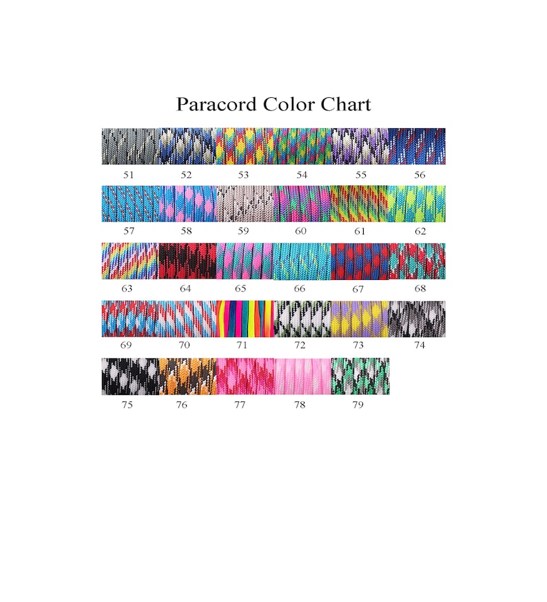 May include: A color chart of 79 different paracord colors. The paracord is arranged in rows of 6, with each color labeled with a number from 51 to 79.