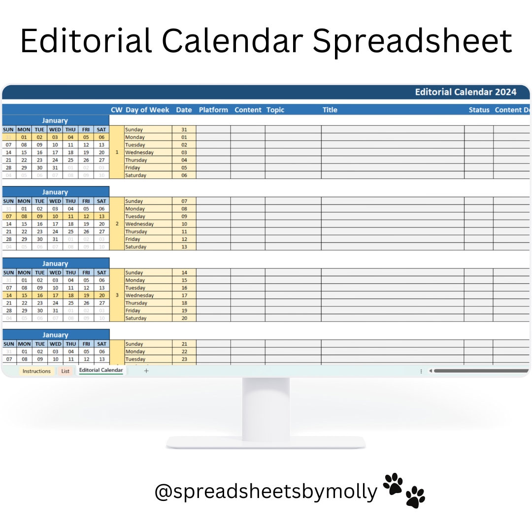 Editorial Calendar Excel Spreadsheet Content Planning Template