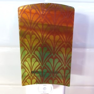 Fused glass night light, stained glass, apple green to burnt orange with art deco pattern detail, nightlight. RedQueenArtGlass.