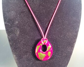 Fused glass jewelry pendant, teardrop, red with sparkling green flakes. "'holly". RedQueenArtGlass.