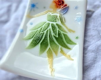 Fused glass spoon rest for kitchen. Fairy on white.