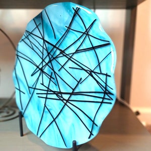 Fused stained glass decorative plate with wave edge detail, fused glass, 11&#39;&#39; diameter, blue and black. RedQueenArtGlass.