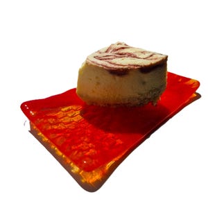 Glass basketweave plate in red and tangerine. Dessert dish. 7&quot; X 4&quot;. RedQueenArtGlass.