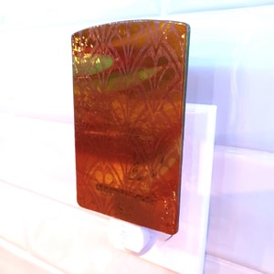 Fused glass night light, stained glass, apple green and burnt orange with art deco pattern detail, nightlight. RedQueenArtGlass.