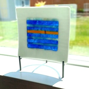 Fused glass decorative plate with blue and white pattern bar, hand made, stained glass display plate. RedQueenArtGlass.