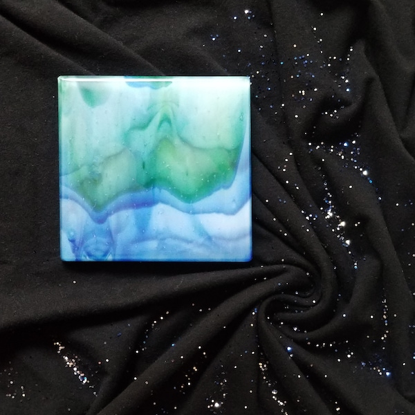 Stained glass coaster, fused glass coaster, handmade, blue and green, heavy duty. RedQueenArtGlass.