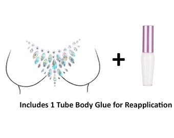 Reusable Chest & Neck Rhinestone Body Stickers w/ Body Glue for Reapplication