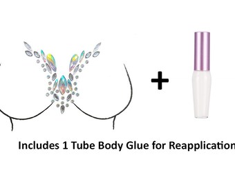 Reusable Chest & Neck Rhinestone Body Stickers w/ Body Glue for Reapplication