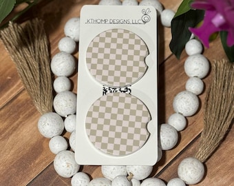 Checkerboard car coasters: custom ceramic cup holder coasters - 2 pack