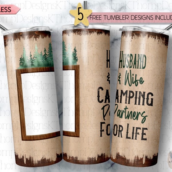 Husband & Wife Camping Partners For Life Add A Photo 20oz Skinny Sublimation Tumbler Wrap, Digital Download, Tumbler Template, 300 DPI, PNG