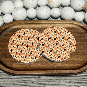 Southwestern Cactus Ceramic Car Coasters – 2 Pack Cup Holder Coasters with Cork Backing