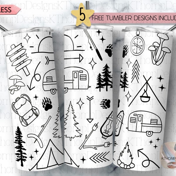 Camping Doodles Transparent Background Design 20oz Skinny Sublimation Tumbler Wrap, Perfect for Colored Cups, Digital Download, 300 DPI PNG