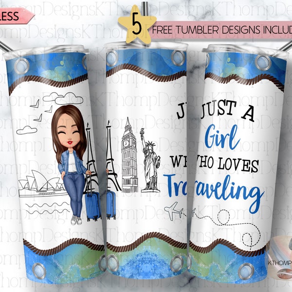 Just A Girl Who Loves Traveling 20oz Skinny Sublimation Tumbler Wrap, Vacation Tumbler, Tumbler Template, Digital Download, 300 DPI PNG
