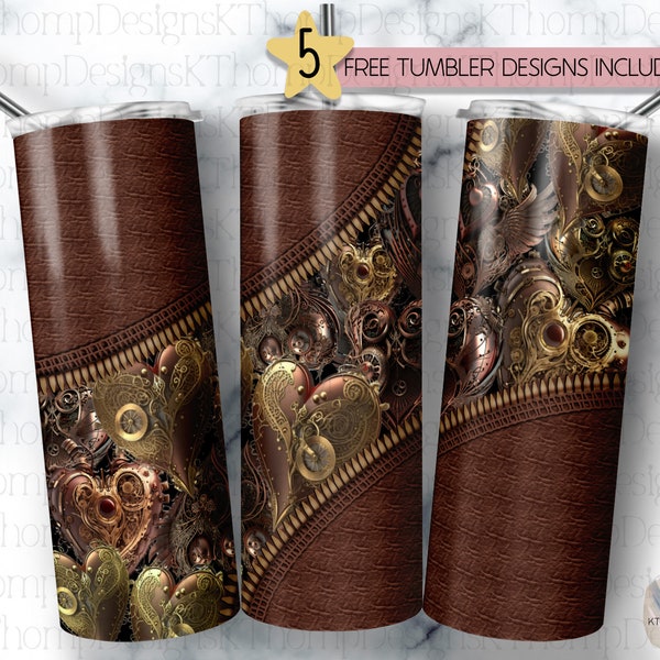 Steampunk Hearts and Leather 20oz Skinny Sublimation Tumbler Wrap, Instant Dowload, Steampunk Tumbler, Digital Download, 300 DPI, PNG