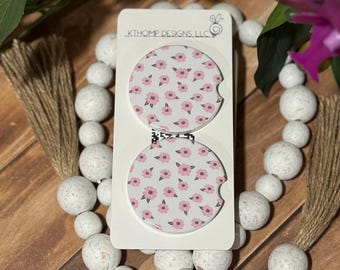 Pink flowers ceramic car coasters: uv printed cup holder coasters - 2 pack
