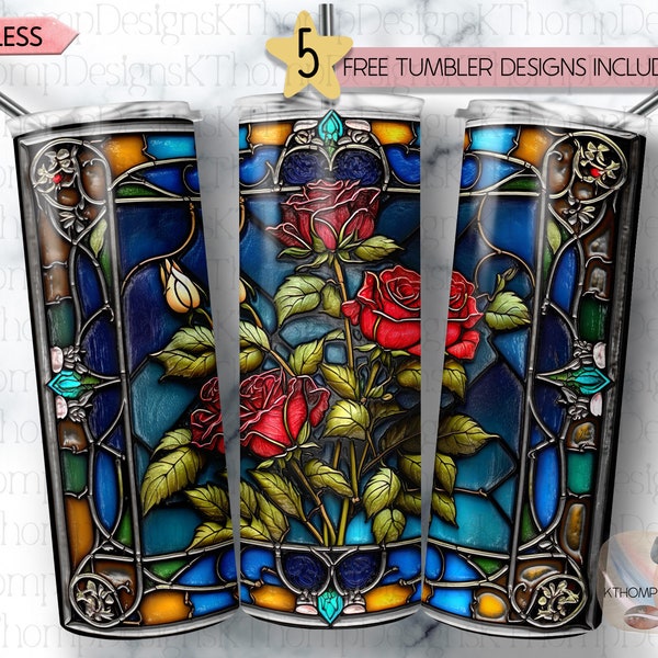 Stained Glass Roses 20oz Skinny Sublimation Tumbler Wrap, Instant Download, Tumbler Template, Digital Download, 300 DPI PNG