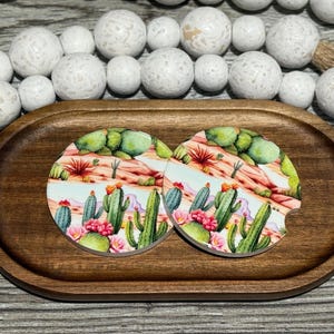 Southwest Cactus Ceramic Car Coasters – 2 Pack Cup Holder Coasters with Cork Backing