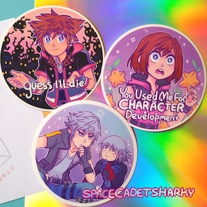 kh 3, Sora, Kairi, Riku, and Repliku, Meme, Vinyl Stickers 3" x 3"