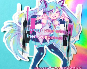 May include: A sticker featuring a colorful anime character with blue hair and a pink and blue outfit. The character is making a peace sign with both hands. The sticker has a glittery background and the text "Harness your cringe then weaponize it" and "SpaceCadetSharky".