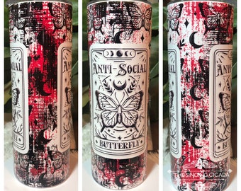 Antisocial Butterfly 20oz Tumbler, Red White Black, Insulated Tumbler