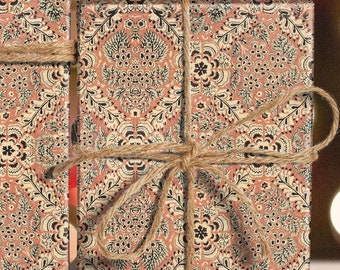 Vintage Brown Flower  Wrapping Paper Roll, Retro Vintage Christmas Gift Wrap Rolls, Classic Woodland, Cottagecore, Folk Winter Holiday