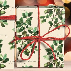 May include: Two wrapped gift boxes with a botanical print of oak branches and acorns, tied with red twine. The boxes are rectangular and vary in size. The background is a blurred bokeh of warm lights.