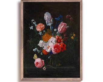 Bouquet of Flowers in a Crystal Vase Art Print, Printed Wall Art, Flower Painting, Traditional, Farmhouse, Rustic, Vintage Art Print